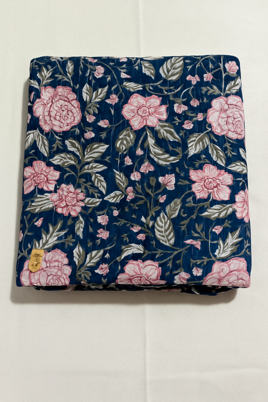 Hand Block Printed Fabric – Pink Floral on Deep Navy