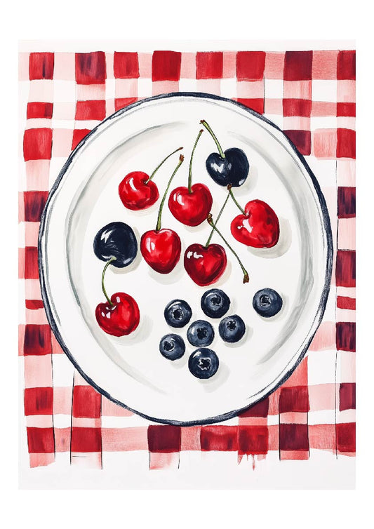 Berry Picnic – Cherries & Blueberries Art Print