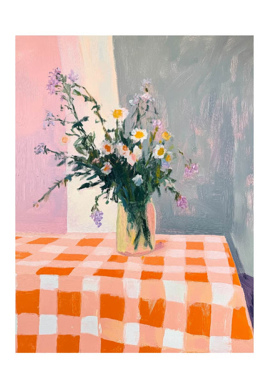 Checkered Charm – Wildflower Vase Art Print