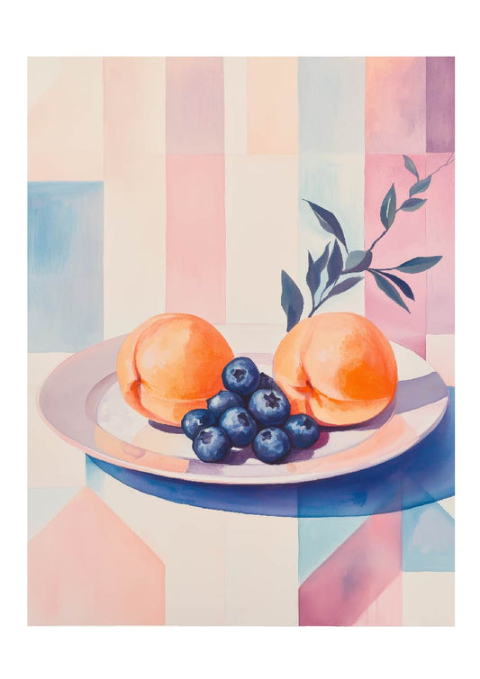 Peach & Blueberry Harmony – Pastel Still Life Art Print