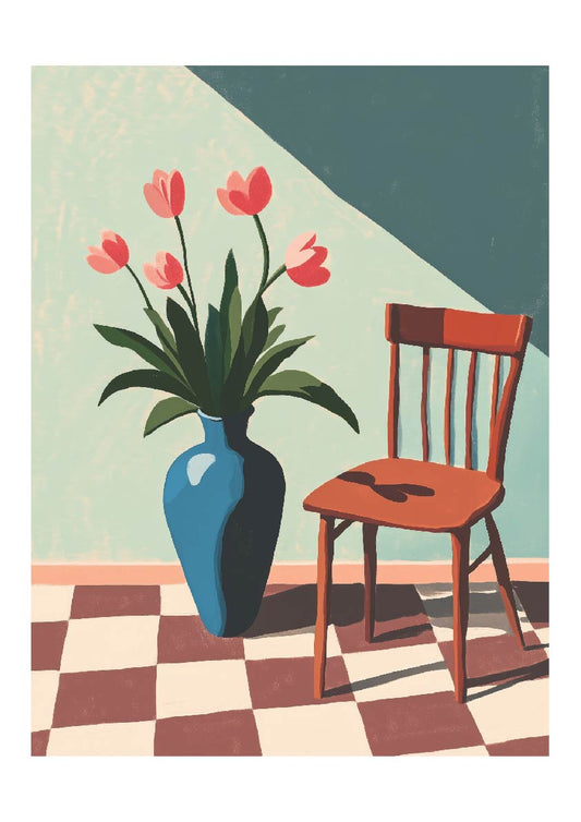 Tulip Corner – Minimalist Vase & Chair Art Print