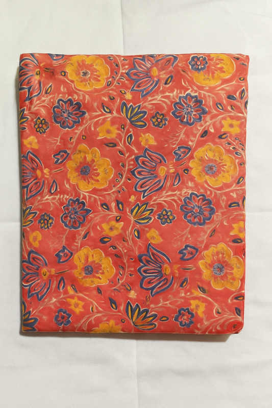 Hand Block Printed Fabric – Bright Yellow & Blue Florals on Coral Red