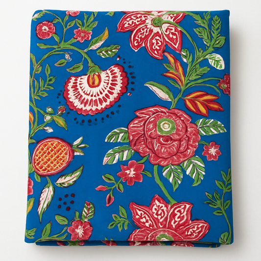 Hand Block Printed Fabric – Red Floral Motifs on Royal Blue